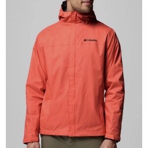 Columbia Omni-Tech Waterproof Jacket Men's S Red Orange Hooded Outdoor Rain Coat